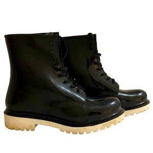 Henry Ferrera Boots Combat Rain Moto Patent Finish Lug Sole Black White 8